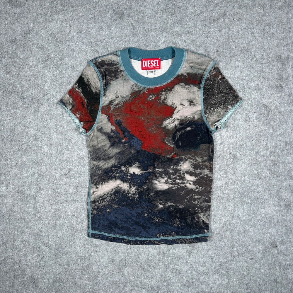 Diesel T-Shirt Women XXS Multicolor T-Skinzy-Lace Earth Print Y2K Baby Tee Slim